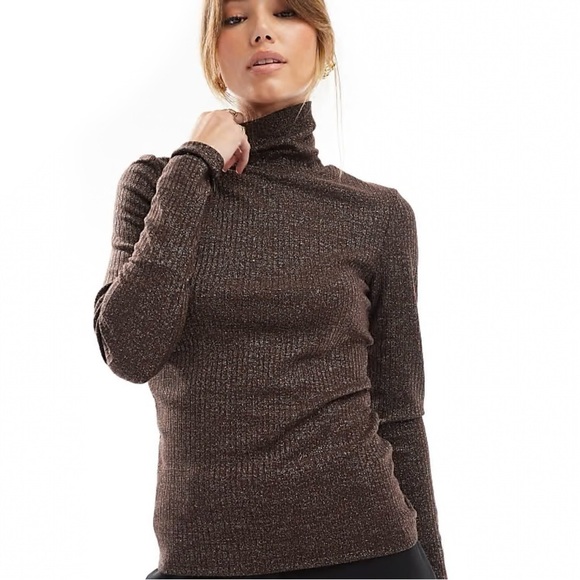 Joseph A Sweaters - Joseph A Metallic Brown Copper Ribbed Turtleneck Sweater Date Top Large